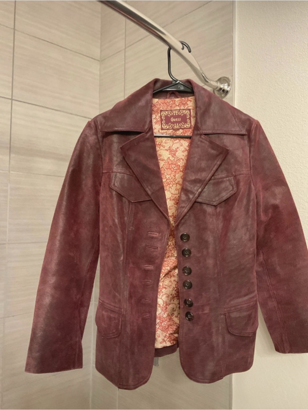 Guess Women's Burgundy Leather Blazer Jacket with Button Front